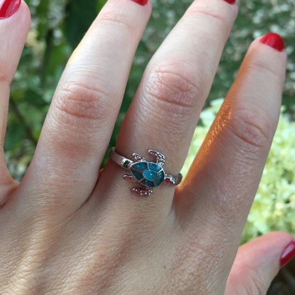 Fire Opal Blue Silver Ring New Turtle - Picture 2 of 5